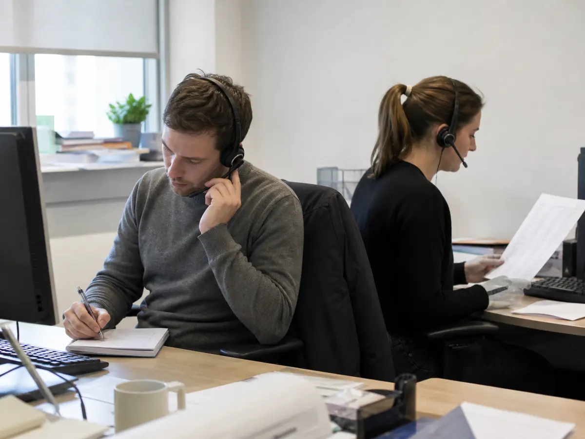 Twee collega's aan naastgelegen bureaus voeren allebei een telefoongesprek met een headset op.
